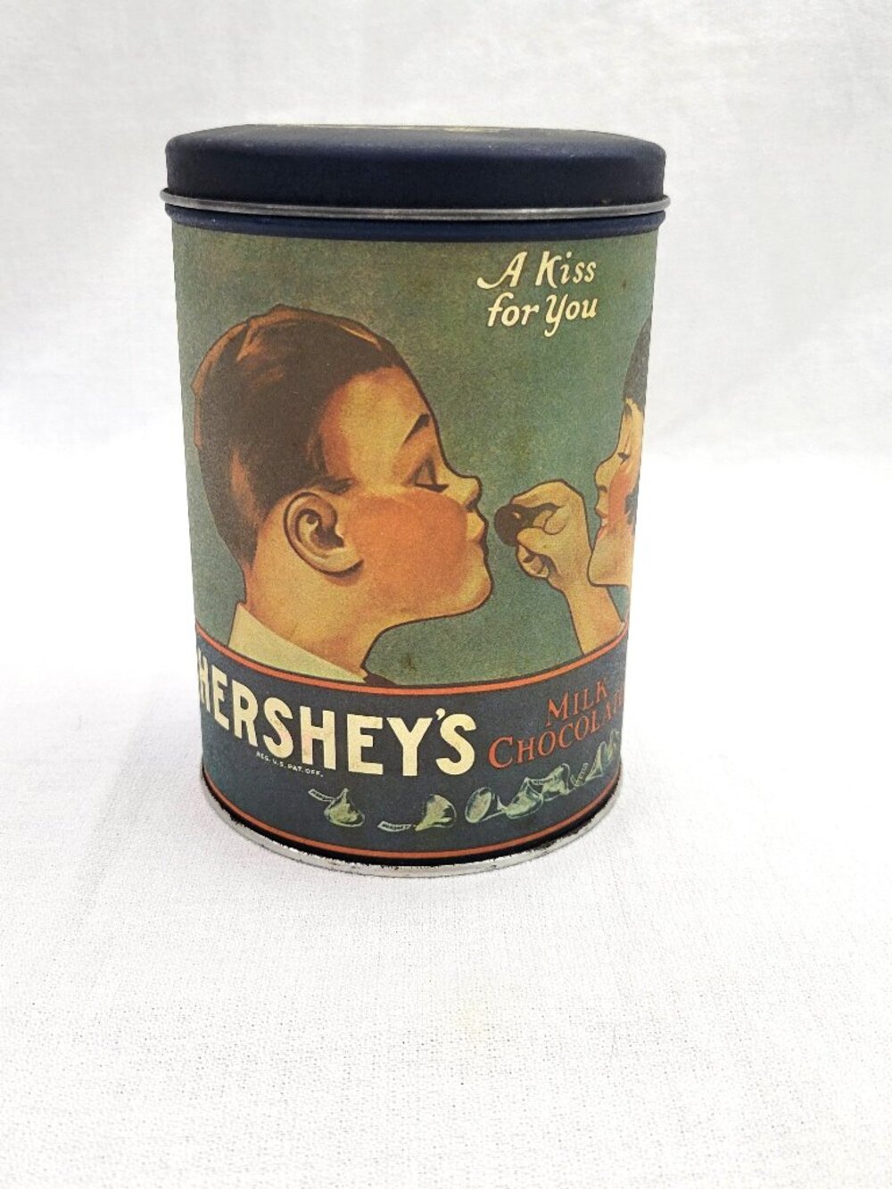 Vintage 1980s Hershey's Kisses Tin "A Kiss For You" - Blue Collectible Canister